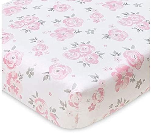 Wendy Bellissimo Nursery Bedding Baby Crib Bedding Fitted Sheet 200 Thread Count - Savannah Floral Grey, White + Pink