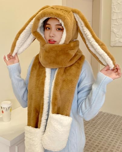 Image of Women Cute Rabbit Ear Plush Beanie Cap Outdoor Fluffy Bunny Hat Scarf Set Indoor Warm Thick Fleece Animal Hoodie