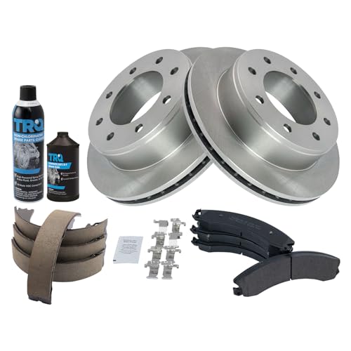 Image of TRQ Rear Brake Pad & Rotor Kit, with Chemical Kit Parking Brake Shoe Set Semi-Metallic Compatible with 2009-2020 Chevrolet Express 3500 GMC Savana 3500