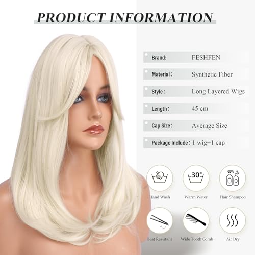 Image of FESHFEN Wigs with Bangs for Women, Synthetic Natural Looking Long Layered Straight Hair Wig for Women Daily Party Costume, 18 inch Platina White