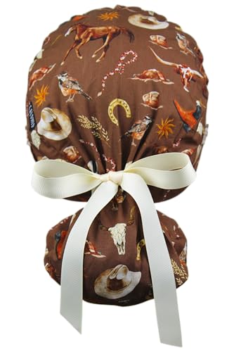 Image of Scrub Cap for Women and Men, Ponytail Scrub Caps, Working Hat, Head Cover with Ribbon Ties and Buttons, Long Hair
