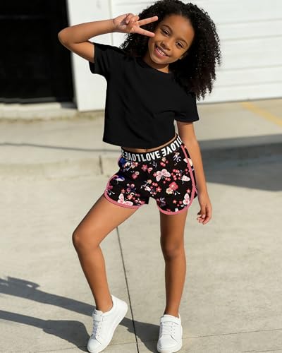 Image of Betusline Cute Clothes for Teen Girls, Black Short Sleeve Crop Top Summer T-Shirt and Shorts Clothing Sets, Black, 6-7 Years = Tag 130, Black+red