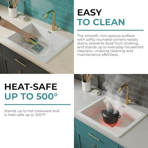 Image of ARQUIN Quartz Kitchen Sink 21x18x9 Inch Sand Pluto | Single Bowl Sink | Durable & Scratch-Resistant | Undermount /Topmount Including Coupling, Waste Pipe & Fruit Washing Basket