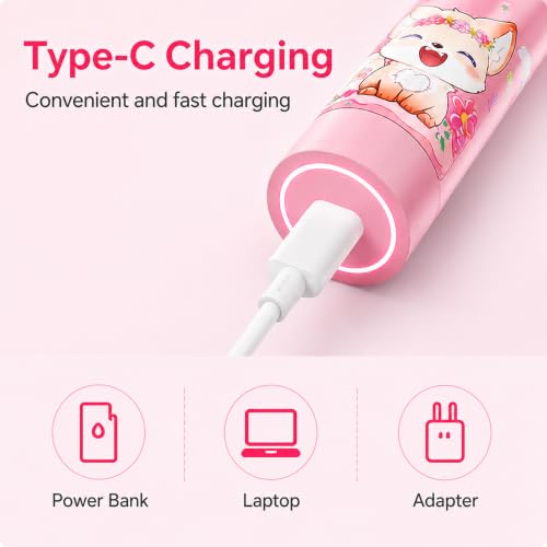 Image of Sonic Electric Toothbrush for Kids with 6 Modes, 4 Brush Heads & Rechargeable Battery, Ultra Soft Nylon Bristles, IPX7 Waterproof, Electric Power Tooth brush (Pink)
