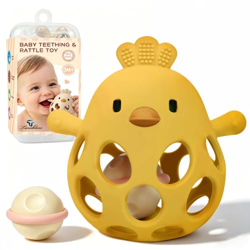 Image of Tinabless 2-in-1 Baby Teether Rattle Toy, Easy Grip Silicone Teething Toy for Babies 3-12 Months, BPA-Free Sensory Chew Toy for Sore Gums, Infant Shower Gift (Yellow w /Rattle)