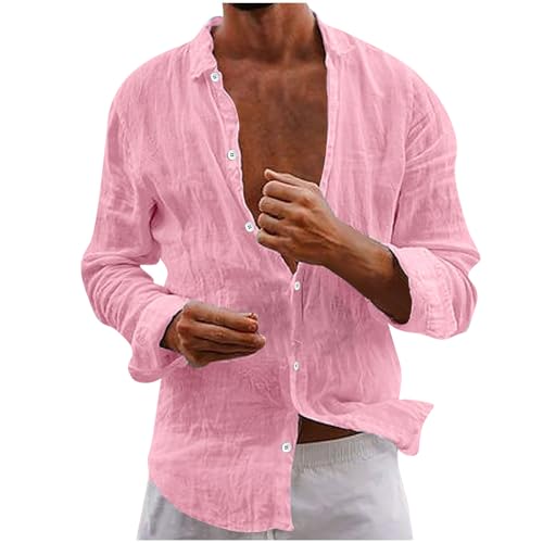 Men's Cotton Linen Long Sleeve Shirt V Neck Casual Button Down Blouse Solid Color Loose Tops Comfy Lightweight Tee Pink