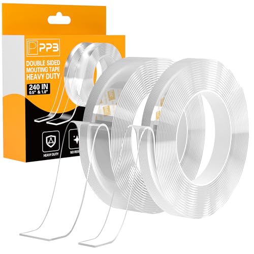 Image of 2 Rolls Double Sided Tape Heavy Duty - 240 inch x 1.0 inch & 0.5 inch - Removable Mounting Tape for Poster Picture Hanging Carpet Strip Rug Wall Outdoor - Clear & Strong Nano Tape Adhesive Multipurpose - 20 Feet