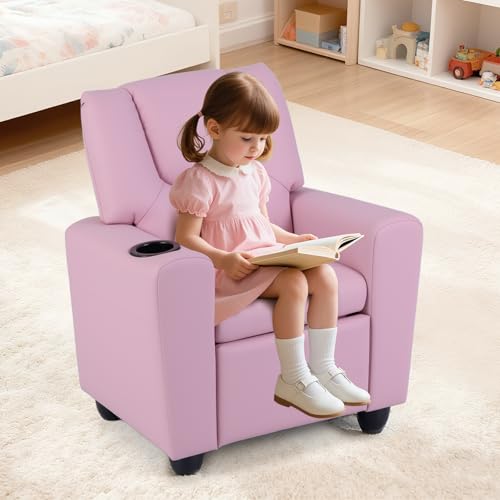 Image of Kids Recliner, Toddler Lounge Chair w /Cup Holder, Wide Armrest, Kids Sofa w /Adjustable Footrest, Comfy Toddler Recliner Chair for for Boys & Girls 3 + (PU, Pink)