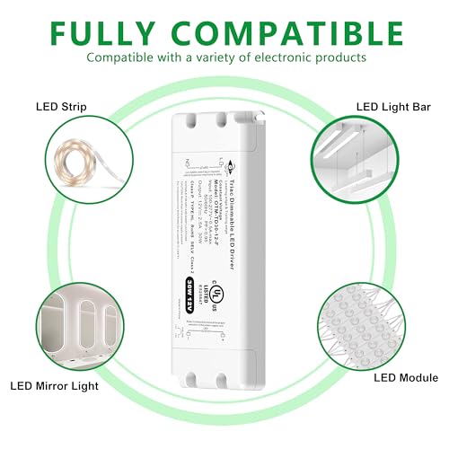 Image of 30W 12V LED Driver Triac Dimmable, Constant Voltage Power Supply, AC 100-277V to DC 12V Low Voltage Transformer for LED Strip Lights, Compatible with Lutron Leviton Dimmers, Class 2, UL Listed