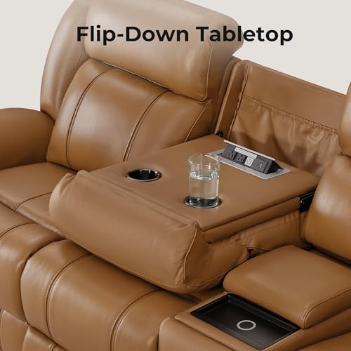 Image of CHITA Leather Power Recliner Sofa Wall Hugger, Saddle, 3 Seater