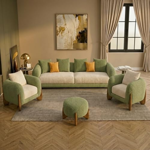 Image of Modern Sofa, Teddy Fabric, Chesterfield Style, Wooden Legs, for Living Room, Bedroom, Hallways (Olive Green - Cream, 3+1+1+Ottoman)
