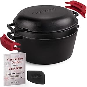 Cuisinel Cast Iron Dutch Oven 7-Quart – Pre-Seasoned 2-in-1 Deep Pot Multi-Cooker – Combo Lid Doubles as 12″ Skillet Frying Pan + Silicone Handle Covers + Scraper/Cleaner – Indoor/Outdoor Cookware