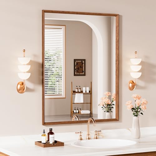 Snowdool Vintage Brown Wall Mounted Mirror, 70x90cm Rectangular Frame Vanity Mirror, Hangs Horizontal or Vertical Decorative for Dressing Room, Bathroom, Bedroom, Living Room
