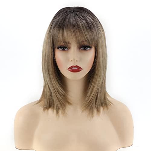 Renershow Short Ombre Blonde Wig With Bangs Layered Straight Bob Synthetic Wigs For Women Mixed Blond Wig With Dark Roots Natural Looking Daily Party Wig(14Inch) #TOP3