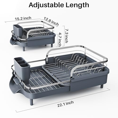 Image of SNTD Dish Drying Rack, Expandable Dish Rack for Kitchen Counter, Stainless Steel Dish Drainer with Drainboard Set and Utensil Holder (Gray)