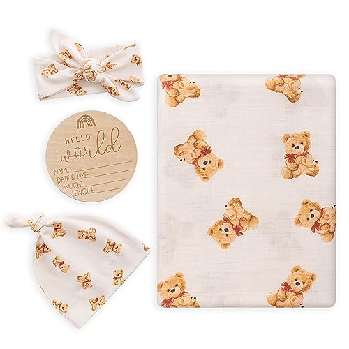 Image of BabyWhale Muslin Swaddle Blanket with Hat and Headband Bow, Bear Pattern Swaddle Set for Baby Boys ＆ Girls, Newborn Breathable Receiving Blanket Wrap, Large 47x47 inches