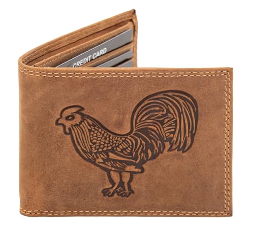 Rooster Bifold Genuine Leather Brown Men's Wallet, Bifold Style Cartera de Hombre Gallo