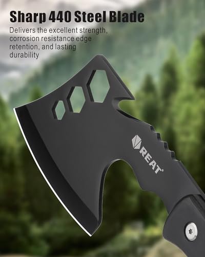 REAT 10" Camping Axe and Survival Hatchet with Sheath, Compact Outdoor Multitool Hatchet with Hex Wrench Slots, Black Wood Handle, Small Camping Gear for Hiking, Chopping, Hunting - Image 3