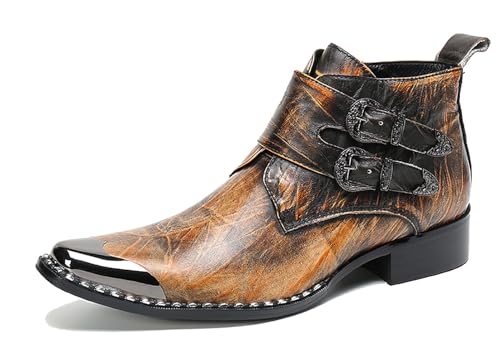 Santimon Mens Chelsea Boots Casual Dress Ankle Boots Handmade Genuine Leather Metal Square Toe Cowboy Boots Zipper Belt Buckle Prom Wedding Party Disco Singer Western Boots for Men