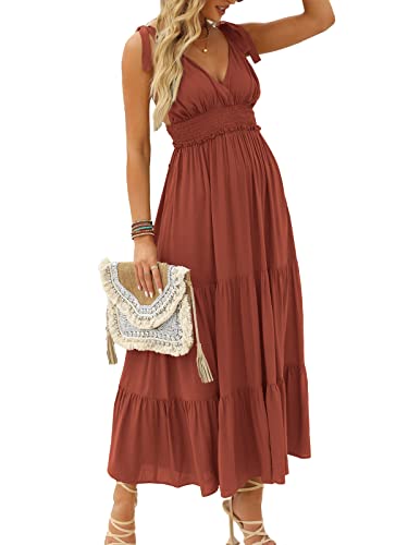 DEEP SELF Women's Summer V Neck Tie Strap Maxi Dress Halter Ruffle Hem Long Dresses Spaghetti Strap Long Flowy Dresses3