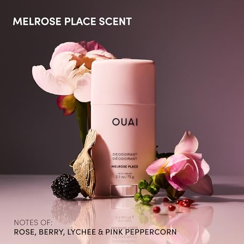 OUAI Melrose Place Travel Essentials - Aluminum Free Deodorant (2.5 oz) + Body Cleanser Travel (3 oz) + Body Cream Travel (3.4 oz) - Hydration, Freshness & Rosy Scented Self-Care Set