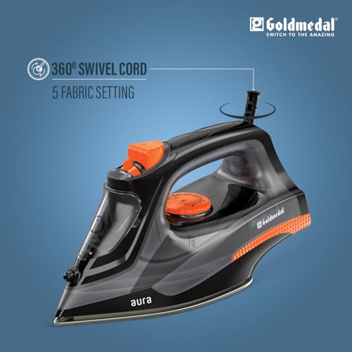 Image of Goldmedal Aura 1400W Steam Iron| Non-stick Premium Single Coated Soleplate| 5 Fabric Setting|1.8 Meter Cord|360 Swivel Cord| Indicator Lamp for Heating| 2.5 Years Warranty| Light Weight (Black)