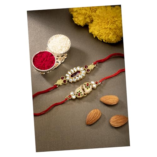 Image of Peora Rakhshabandhan Thread Rakhi for Brother Bhaiya | Kundan Beads & Crystal Studded | Combo Set of 2 | Rakhi Hamper Roli Chawal & Greeting Card