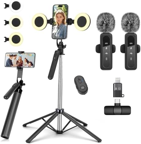 Handy Stativ Vlogging-Kit for iPhone/Android,180cm Selfie Stick mit 2 Fülllich und Kabellosem Mikrofon,Tripod Handy Stativ für Smartphone,Tiktok/YouTube Starter-Kit