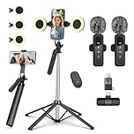 Selfie Stick Vlogging Kit for iPhone/Android, 180cm Selfie Stick with 2 Fills and Wireless Microphone, Mobile Phone Tripod for Smartphone, Tiktok/YouTube Starter Kit
