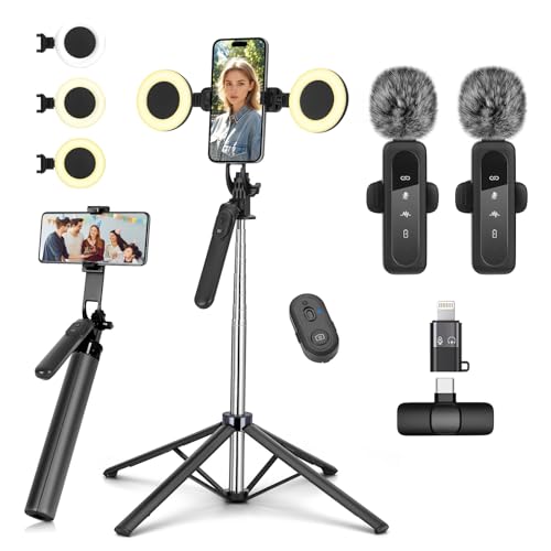 Kit de vlogging pour téléphone portable iPhone/Android, perche à selfie de 180 cm avec 2 éclairages d'appoint et microphone sans fil, trépied pour smartphone, kit de démarrage Tiktok/YouTube