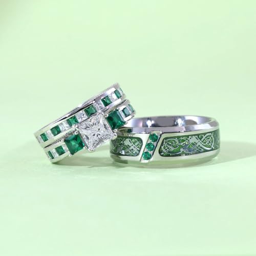 Couple Rings White Gold Plated 925 Sterling Silver Ring Green Square 1.5CT CZ Women Wedding Ring Sets Men Titanium Steel Ring4