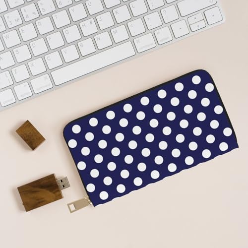 Leather Thin Slim Wallets for Women Men - Fashion Navy polka dot print Card Wallet Holder with Zipper4