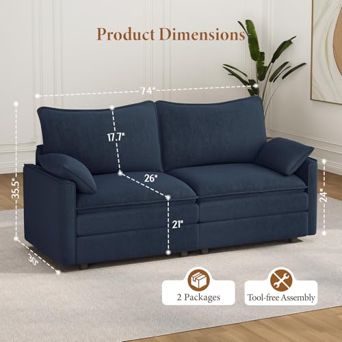 Image of Vesgantti 74 inch Loveseat Sofa for Living Room, Comfy Cloud Couch Deep Seat Chenille Modern 2 Seater Small Sofa with Armrest Pillow, Easy Assembly for Small Spaces, Blue