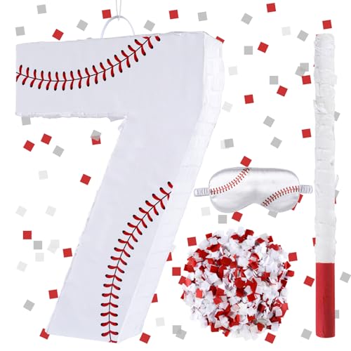 Baseball Birthday Decorations, Baseball Number 7 Piñata with Blindfold Stick Blindfold Confetti for Baseball Pinata Sports Theme 7th Birthday Party Supplies (7TH)