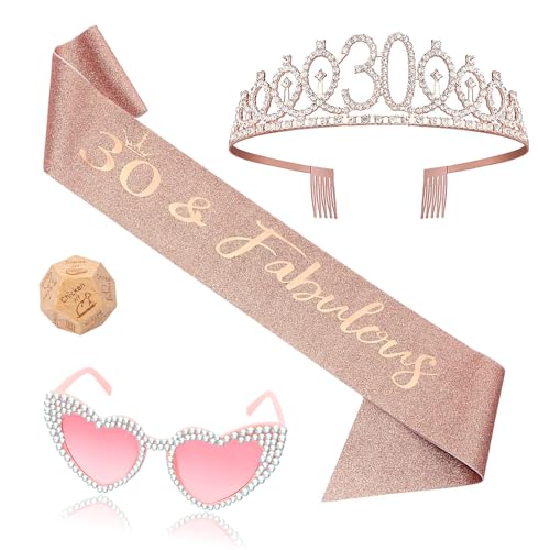 OLOSONG 4 Pcs 30th Birthday Party Accessories Set 30th Rose Gold Crown and Heart shaped pink diamond glasses Wooden dice