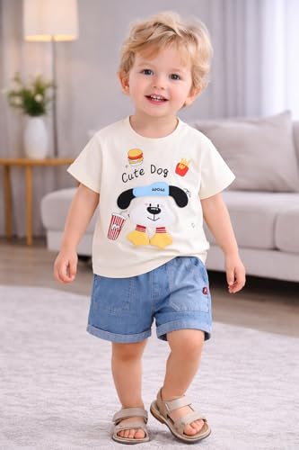 Image of Bold N Elegant Half Sleeve Pure Cotton Baby Boy Girl 3D Cartoon Smiley Animals T-Shirt with Denim Shorts Smart Casual Outfit for Infant Toddler Kids Upto 5 Years