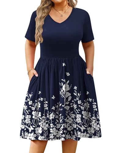 INVOLAND Plus Size Spring Dresses for Women 2026 Short Sleeve Casual A-Line Flowy Knee Length Dress with Pockets