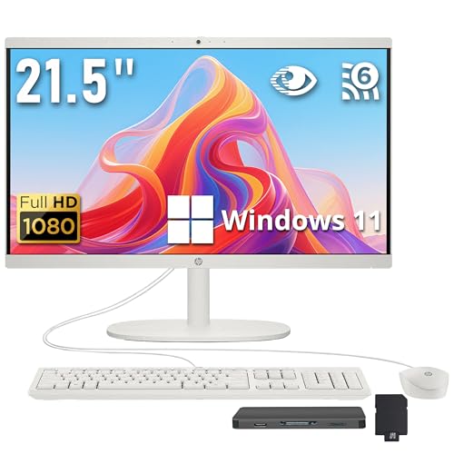 Image of HP 21.5 inch FHD All-in-One Desktop, Intel Processor N100, 16GB DDR5, 1.12TB Storage (128GB UFS+1TB Docking Station), UHD Graphics, 720p Webcam, Wi-Fi 6, Wired Keyboard & Mouse, Win 11, White