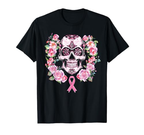 Pink Ribbon Breast Cancer Awareness Sugar Skull Women Maglietta