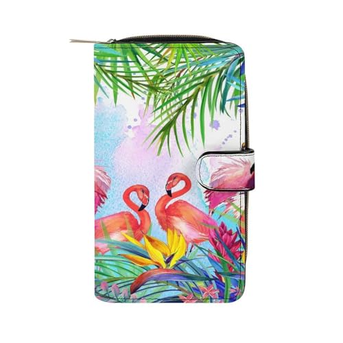 Nugier Women Soft PU Leather Wallet, Zipper Card Case Clutch Credit Bills Money Crash Coin 7.8x4.3x1.4 in Holder Purse Print Tropical Flamingos Palm Trees