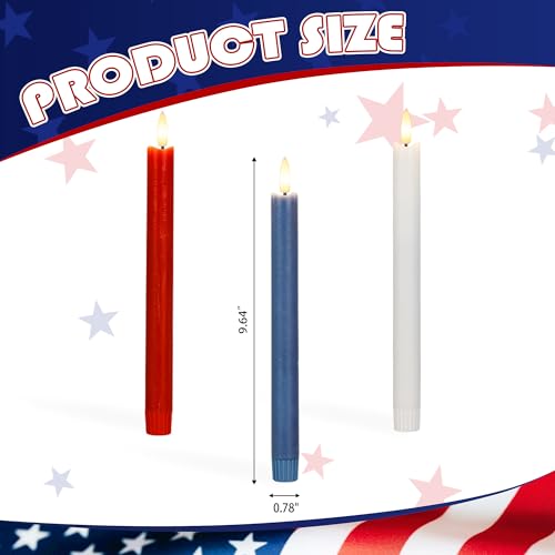 Image of Red White and Blue Flameless Taper Candles with Remote, 9.6 inch Real Wax Patriotic Flameless Candles, Battery Operated 4th of July Candlesticks, Flickering Independence Day Candle Decor, 3 Pack