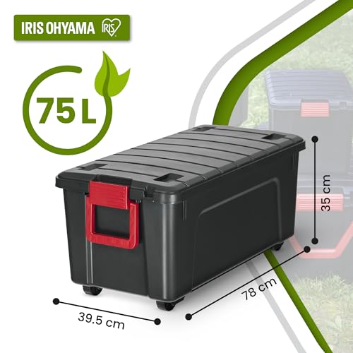 Iris Ohyama, große Kunststoff-Aufbewahrungsbox, 75 l Garagen-Aufbewahrungsbox, 3er-Set, SIA-75, schwarz, stapelbar, Verschlussklammern – B78 x T39,5 x H35 cm