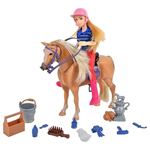 Sunny Days Entertainment Palomino Horse with Rider - Playset with 14 Realistic Grooming Accessories and Sounds | Blonde Doll in Riding Outfit | Horse Toys for Girls and Boys - Blue Ribbon Champions