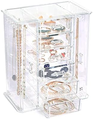 Beautify Jewellery Organiser, Acrylic Jewellery & Cosmetic Storage w/ 6 Storage Drawers, 9 Necklace Hooks & 2 Side Compartments, Table-top Jewellery Stand for Rings, Earrings, Necklaces & Bracelets
