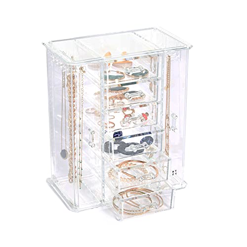 Beautify Jewellery Organiser, Acrylic Jewellery & Cosmetic Storage w/ 6 Storage Drawers, 9 Necklace Hooks & 2 Side Compartments, Table-top Jewellery Stand for Rings, Earrings, Necklaces & Bracelets