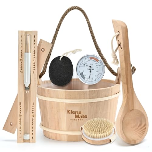 6 Pcs Sauna Accessories Kit, Bucket and Ladle Set, Thermo-Hygrometer,