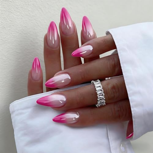 SXVME Chrome French Press on Nails Almond, Ombre Fake Nails Medium with a Glazed Mirror Finish, Gradient Nude Hot Pink Chrome Nails Press ons, Stiletto Gel Glue on Nails for Women, 24 Pcs