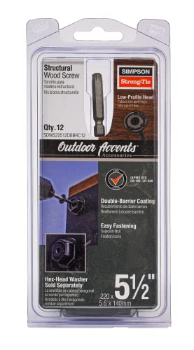 Simpson Strong-Tie SDWS22512DBBRC12 Tornillos de Madera Estructurales Outdoor Accents, 0.220 pulg x 5-1/2 pulg, Recubrimiento de Doble Barrera, Cabeza Baja, Punta Sierra, Negro (Paquete de 12) miniatura 1