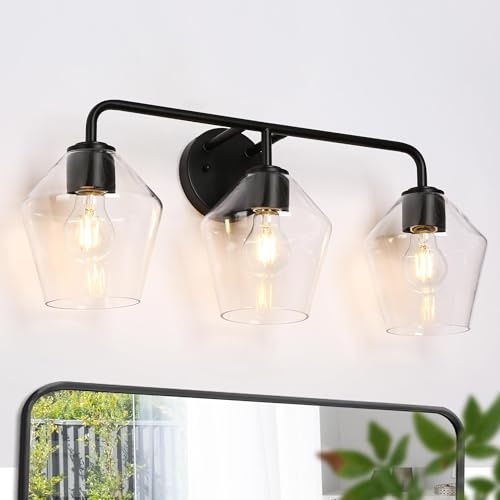 Image of KSANA Bathroom Light Fixture, Modern Black Vanity Lights Over Mirror 3 Light Bathroom Lighting with Clear Glass