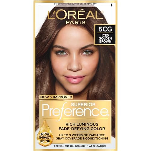 L'Oreal Paris Superior Preference Luminous Fade-Defying Permanent Hair Color, Hair Dye For Up to 9 Weeks of Radiance, Iced Golden Brown 5CG, 1 Hair Dye Kit